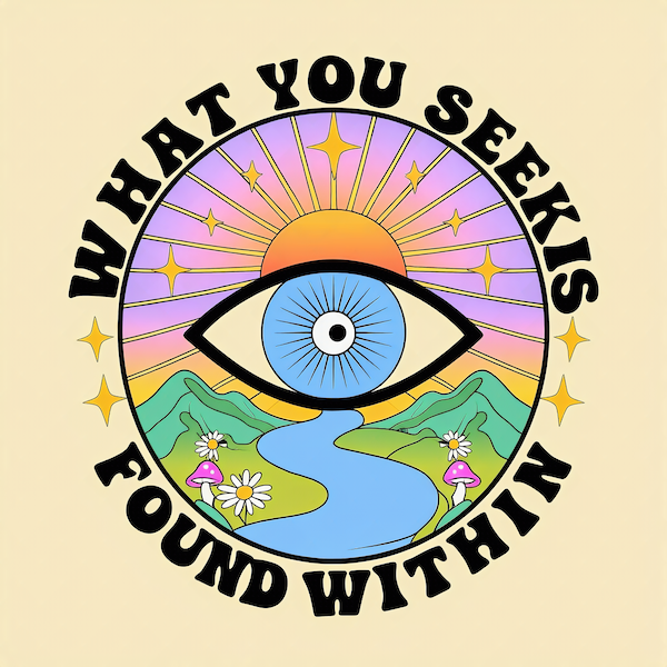 What You Seek Is Found Within magnet with retro psychedelic circular illustration featuring an all-seeing eye, sunburst, mountains, river, mushrooms and daisies in purple pink orange and green on cream background