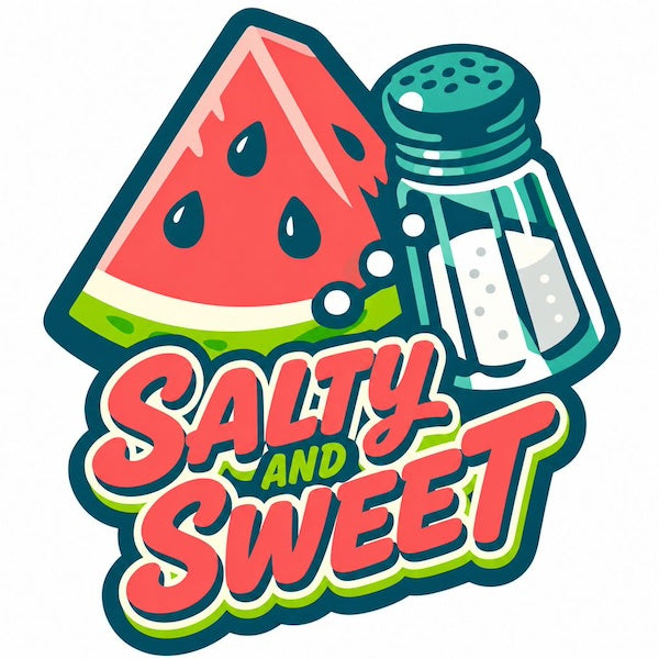 Salty and Sweet magnet with bold cartoon watermelon slice and teal glass salt shaker with bold red retro SALTY and SWEET typography and green AND accent on white background