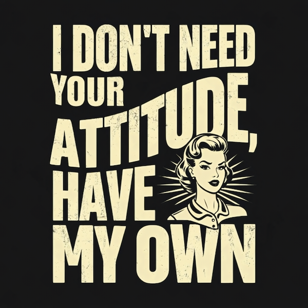 I Don't Need Your Attitude I Have My Own magnet with bold distressed cream typography and fierce retro woman illustration on black background