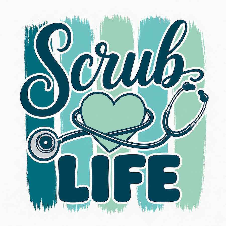 Scrub Life teal navy stethoscope heart script typography square glossy magnet