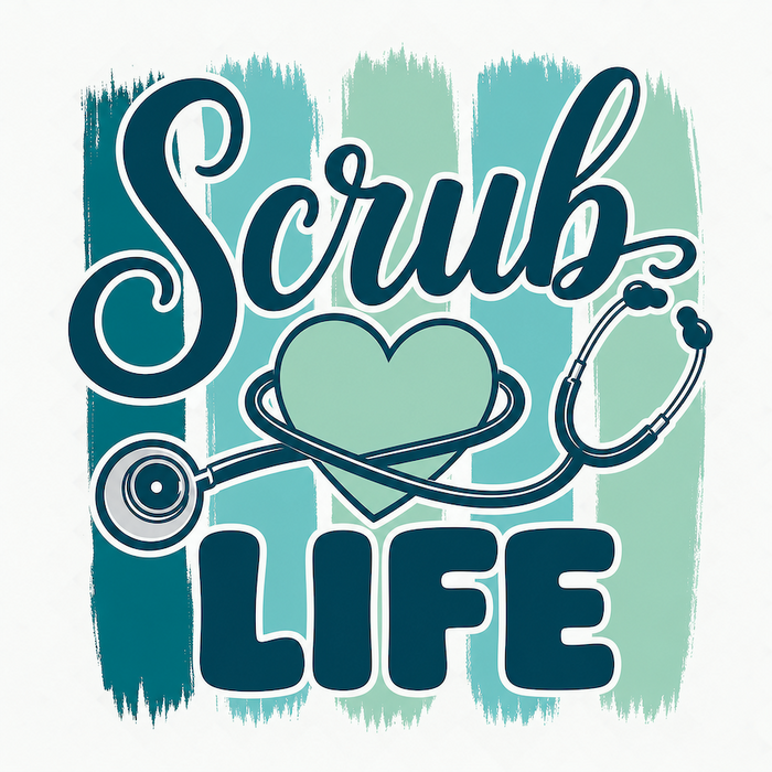 Scrub Life teal navy stethoscope heart script typography square glossy magnet
