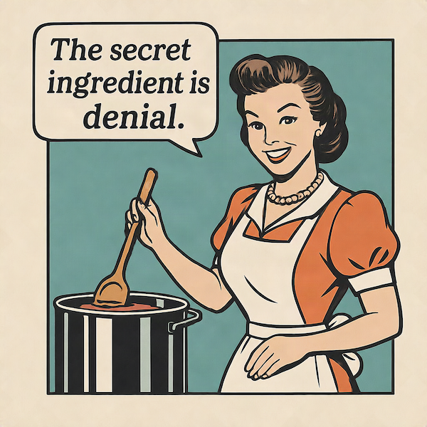 The Secret Ingredient Is Denial magnet featuring a retro housewife stirring a pot with a speech bubble on teal and cream background