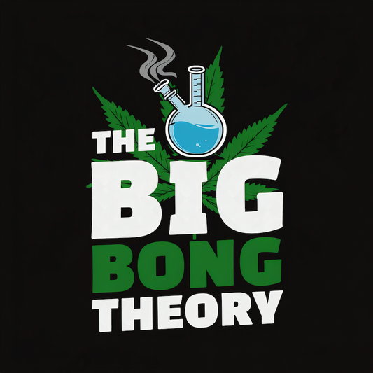 The Big Bong Theory magnet with bold white and green typography, smoking flask, and cannabis leaf on black background