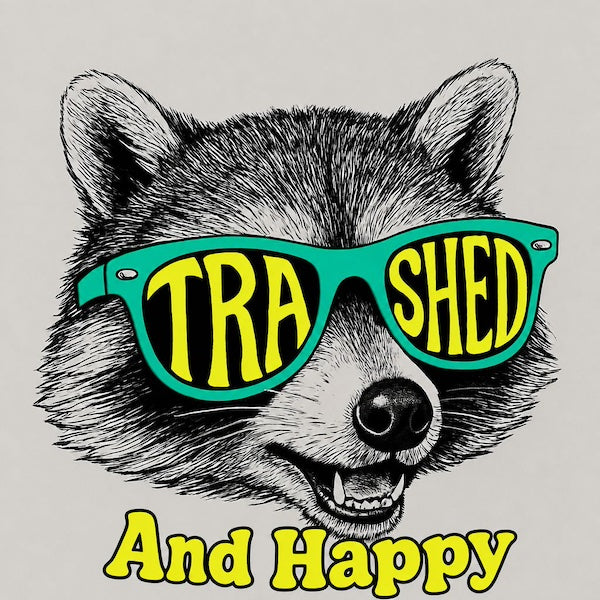 Trashed and Happy Raccoon magnet with detailed pen-and-ink style grinning raccoon wearing bold teal sunglasses with TRASHED in yellow lettering across lenses and bold yellow And Happy script below on soft gray background