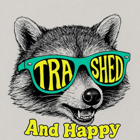 Trashed and Happy Raccoon magnet with detailed pen-and-ink style grinning raccoon wearing bold teal sunglasses with TRASHED in yellow lettering across lenses and bold yellow And Happy script below on soft gray background