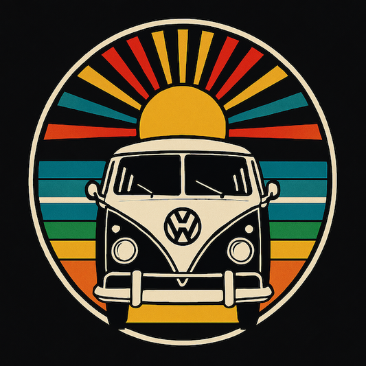 Retro VW Bus Sunset magnet with classic Volkswagen bus head-on view and golden sun with retro rainbow sunburst rays in teal green yellow orange and red framed in circle on black background
