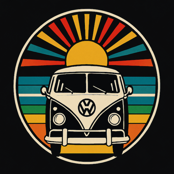Retro VW Bus Sunset magnet with classic Volkswagen bus head-on view and golden sun with retro rainbow sunburst rays in teal green yellow orange and red framed in circle on black background