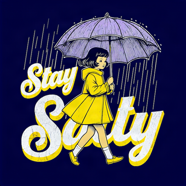Stay Salty magnet with vintage illustration of girl in yellow raincoat holding lavender umbrella in rain with bold distressed yellow and white script typography on deep navy background
