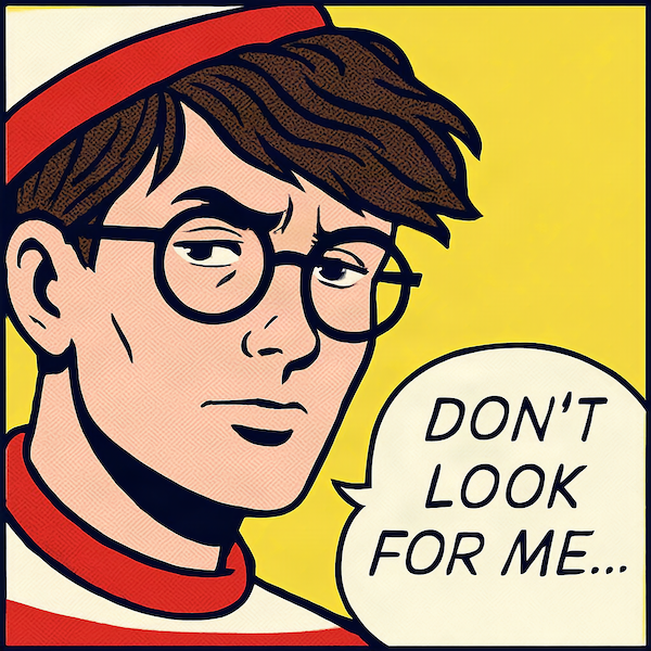 Don't Look For Me magnet featuring a pop art Waldo-style character with speech bubble on bold yellow background
