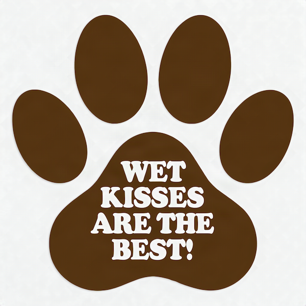 Wet Kisses Are the Best magnet featuring a large brown paw print with white retro groovy typography on white background