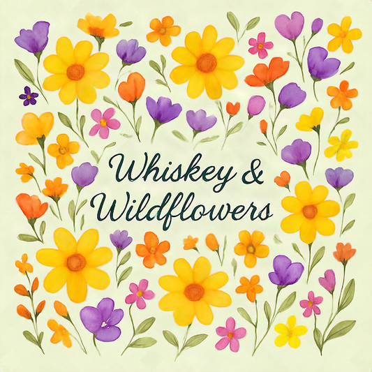 Whiskey and Wildflowers magnet with watercolor wildflowers in yellow orange purple and pink surrounding elegant black script typography on soft sage green background