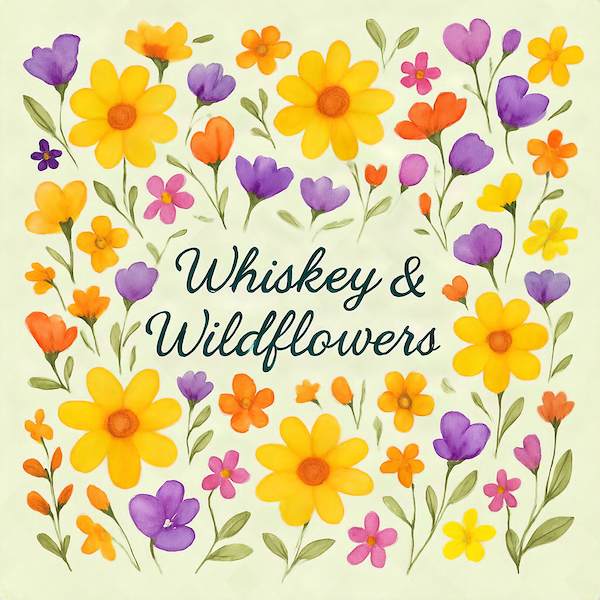 Whiskey and Wildflowers magnet with watercolor wildflowers in yellow orange purple and pink surrounding elegant black script typography on soft sage green background