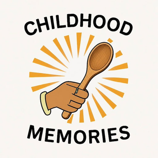 Childhood Memories Wooden Spoon magnet with bold illustrated hand gripping wooden spoon with golden sunburst rays framed by bold arched CHILDHOOD above and MEMORIES below in black block typography on soft cream background