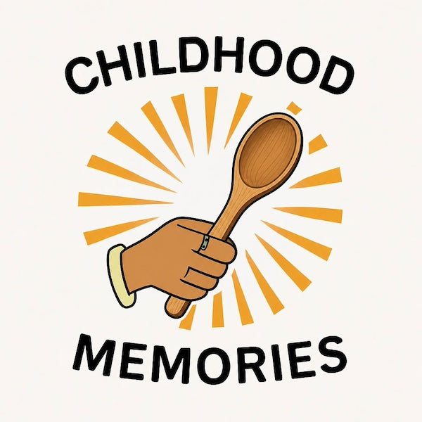 Childhood Memories Wooden Spoon magnet with bold illustrated hand gripping wooden spoon with golden sunburst rays framed by bold arched CHILDHOOD above and MEMORIES below in black block typography on soft cream background