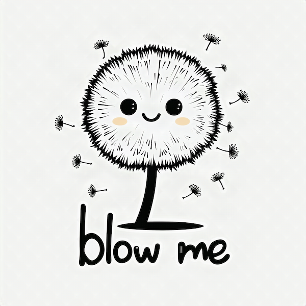 Blow Me dandelion magnet featuring a cute kawaii dandelion with rosy cheeks and floating seeds with Blow Me caption in black on white background