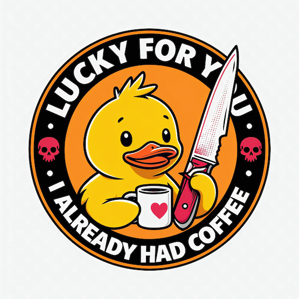 Lucky For You I Already Had Coffee Duck magnet with menacing yellow rubber duck holding heart coffee mug and large knife in bold black and orange circular badge with pink skull accents and white typography