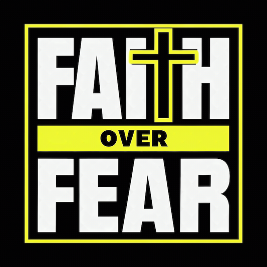 Faith Over Fear magnet with bold white and yellow typography and cross on black background
