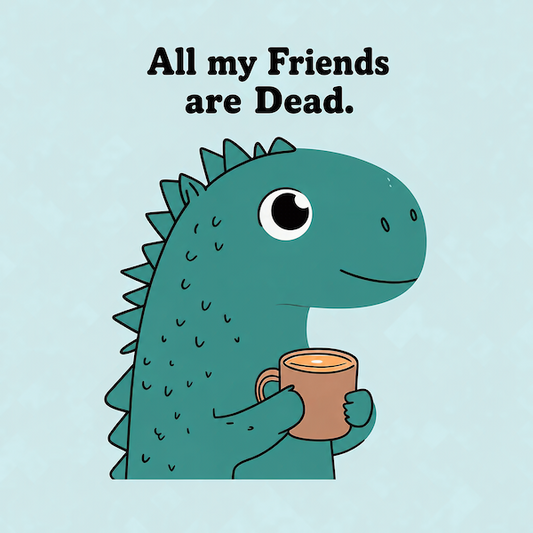 All My Friends Are Dead magnet featuring a cute kawaii teal T-rex holding a coffee mug on light blue background with bold black typography