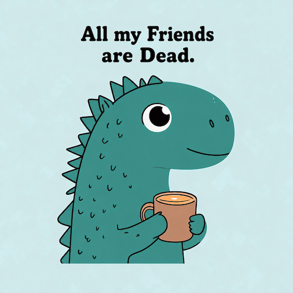 All My Friends Are Dead magnet featuring a cute kawaii teal T-rex holding a coffee mug on light blue background with bold black typography