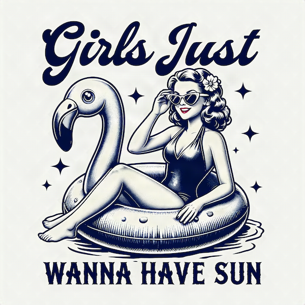 Girls Just Wanna Have Sun magnet with retro pin-up woman in cat-eye sunglasses lounging on flamingo pool float with sparkle stars and bold navy script and block typography on white background