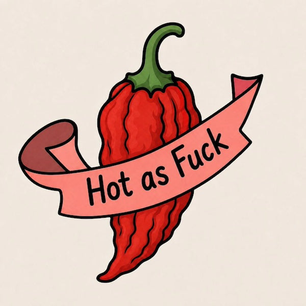 Hot as F*ck Chili Pepper magnet with vintage tattoo-style vivid red chili pepper with green stem wrapped in flowing pink banner with bold black Hot as F*ck script typography on soft cream background