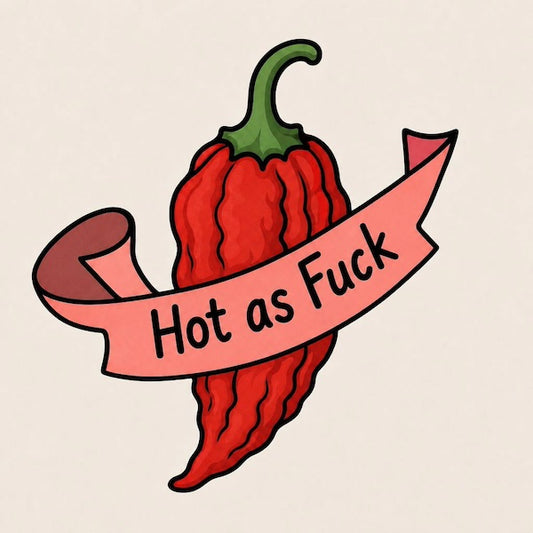 Hot as F*ck Chili Pepper magnet with vintage tattoo-style vivid red chili pepper with green stem wrapped in flowing pink banner with bold black Hot as F*ck script typography on soft cream background