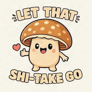 Let That Shi-Take Go magnet featuring a kawaii brown mushroom giving a thumbs up with a small heart and bubbly bold typography on warm cream background