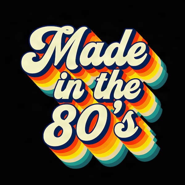 Made in the 80s magnet with bold retro script typography and rainbow layered shadow effect in teal orange yellow and red on black background