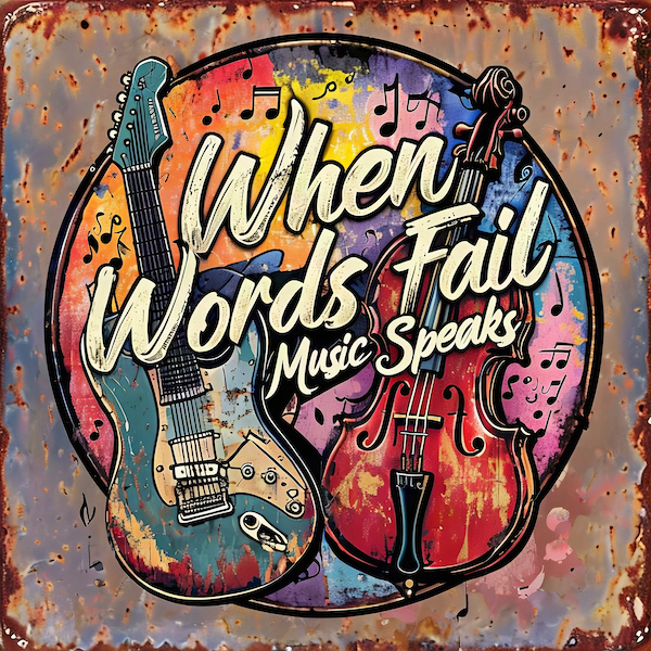 When Words Fail Music Speaks magnet featuring colorful guitar and cello with music notes on vibrant painterly background with rustic border