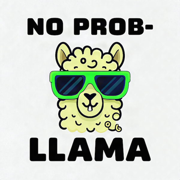 No Prob-Llama magnet featuring a kawaii llama face wearing large green sunglasses with bold black typography on white background