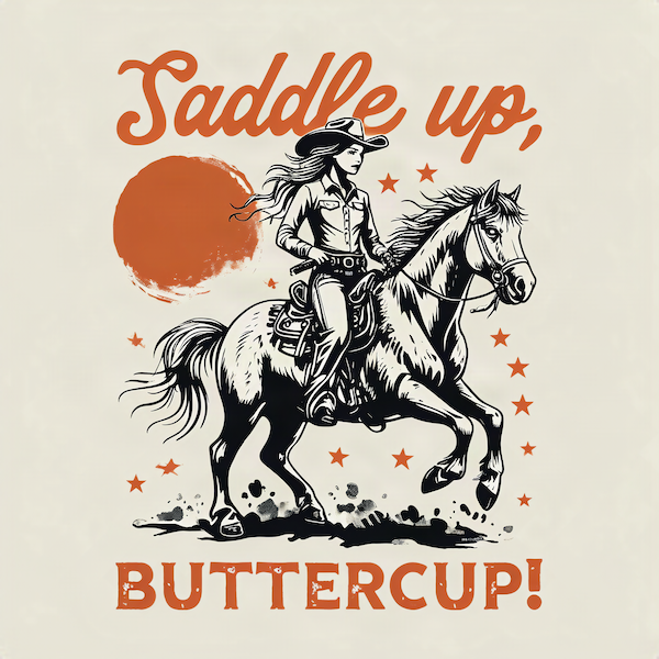 Saddle Up Buttercup magnet with vintage illustration of cowgirl riding galloping horse beneath orange sun with retro stars and bold rusty orange script and block typography on cream background