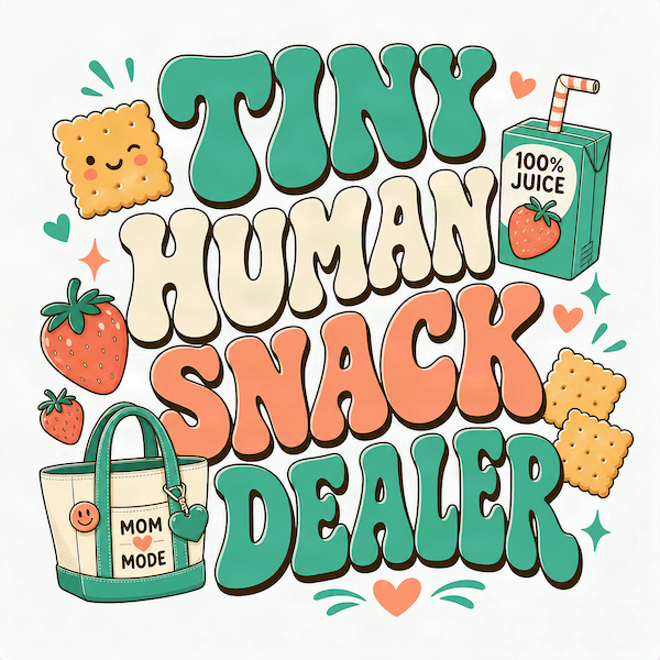 Tiny Human Snack Dealer magnet with groovy typography surrounded by crackers, strawberries, juice box and Mom Mode tote in teal, peach and cream