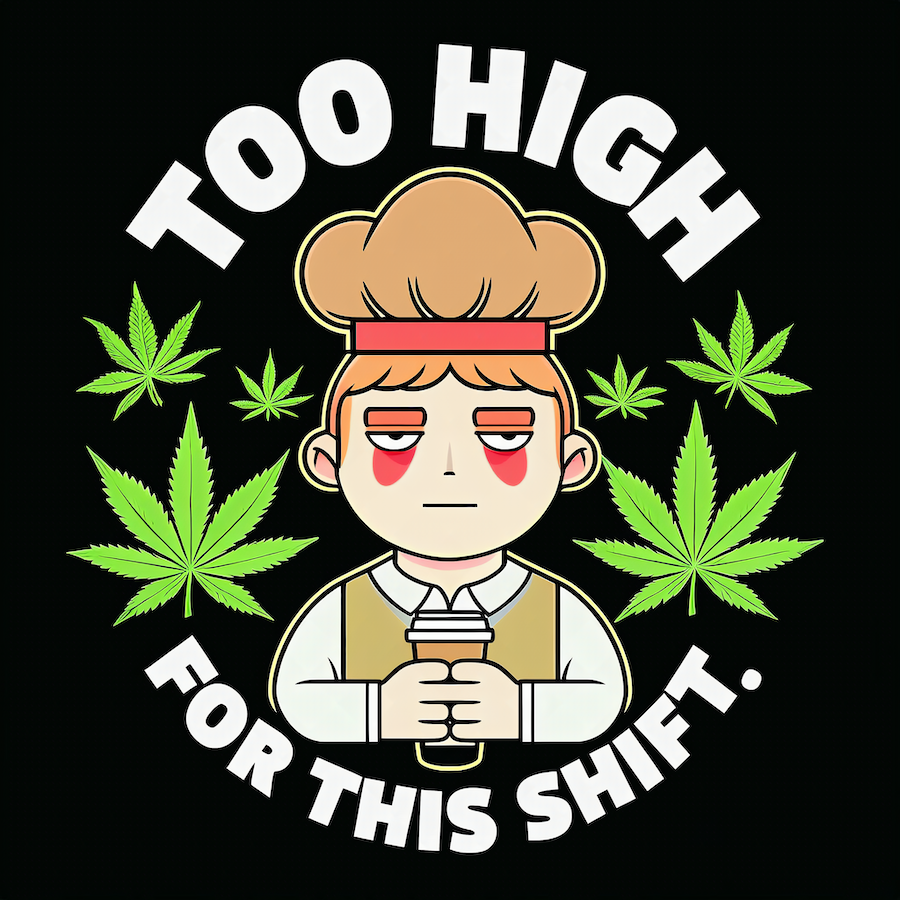 Too High for This Shift magnet featuring a kawaii barista with droopy eyes and rosy cheeks surrounded by cannabis leaves on black background
