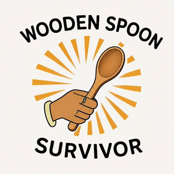 Wooden Spoon Survivor magnet with bold illustrated hand gripping wooden spoon with golden sunburst rays framed by bold arched WOODEN SPOON above and SURVIVOR below in black block typography on soft cream background